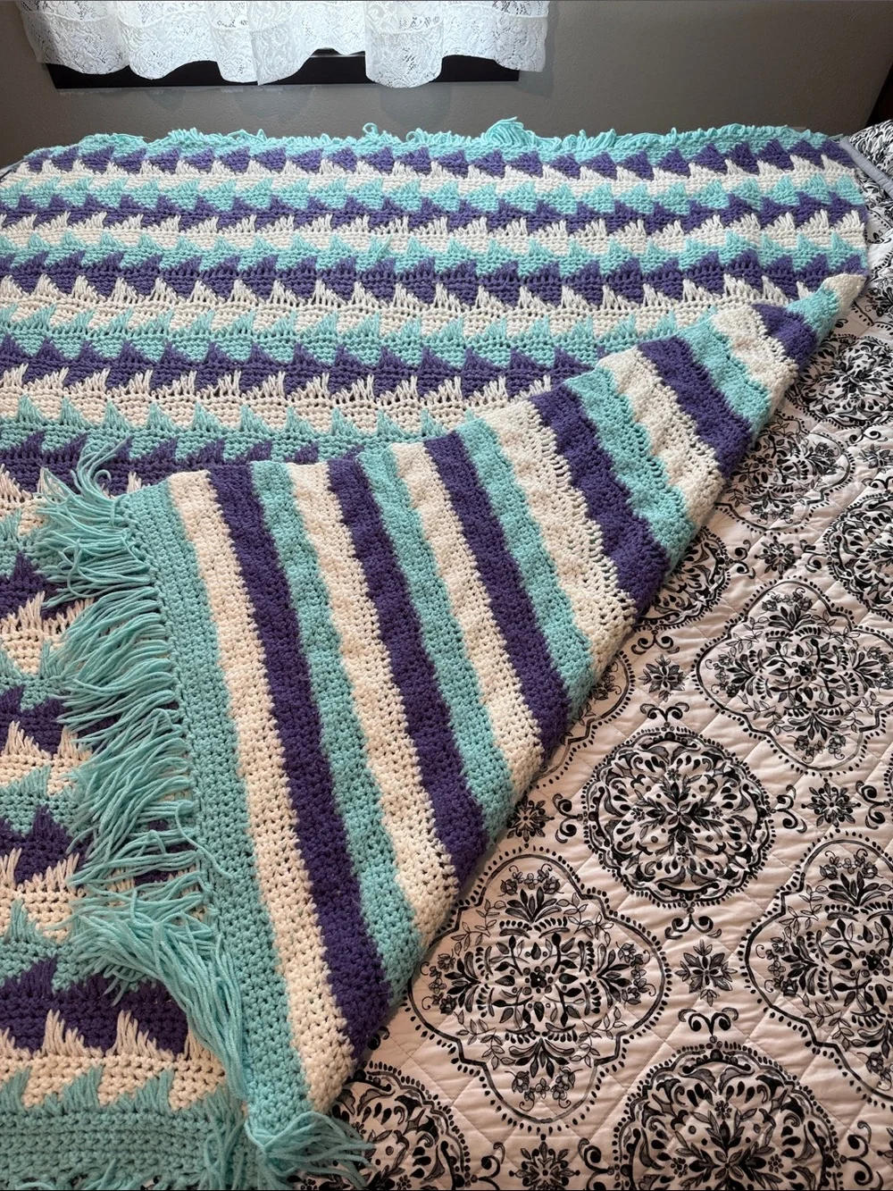 Handmade Chevron Throw Blanket in turquoise , Purple & white